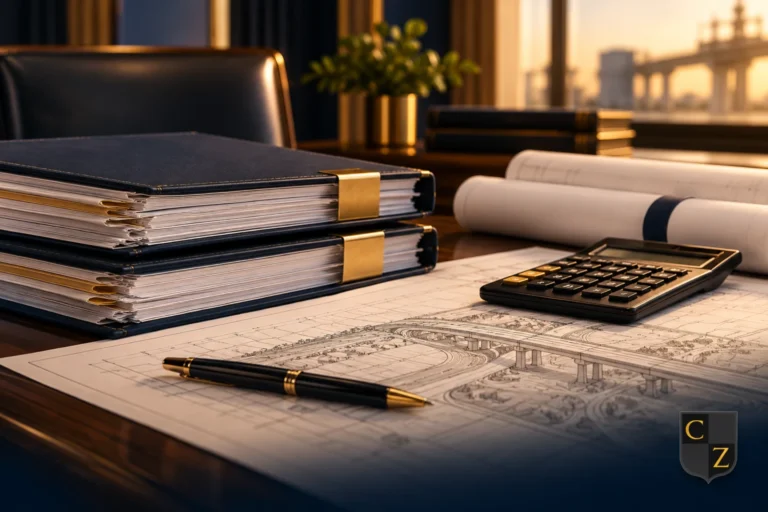 Contratos, calculadora e projeto de obra com marca CZ