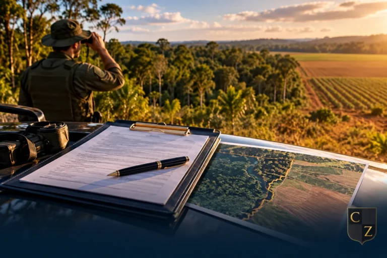 Documentos e mapa de fiscalização ambiental com marca CZ