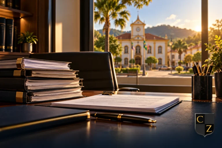 Documentos de contratação pública em escritório com marca CZ