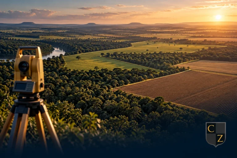 Paisagem rural e equipamento de levantamento com marca CZ