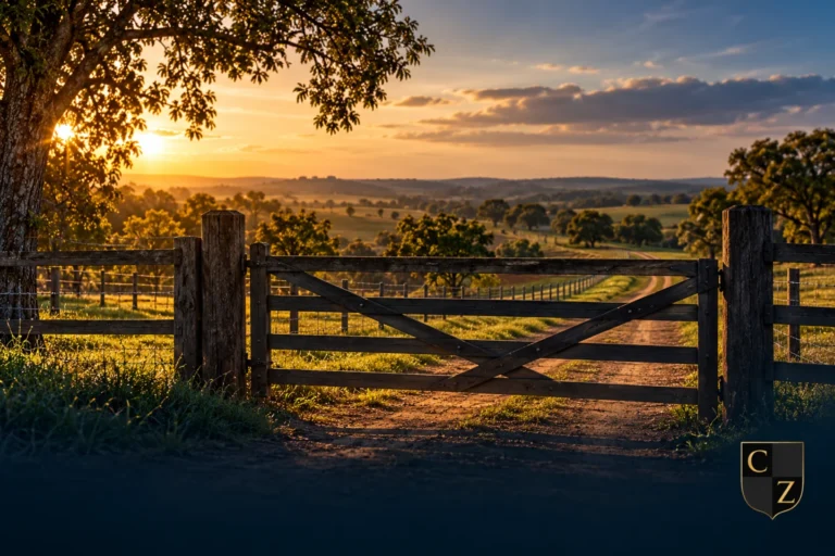 Porteira e limites de propriedade rural ao pôr do sol com marca CZ
