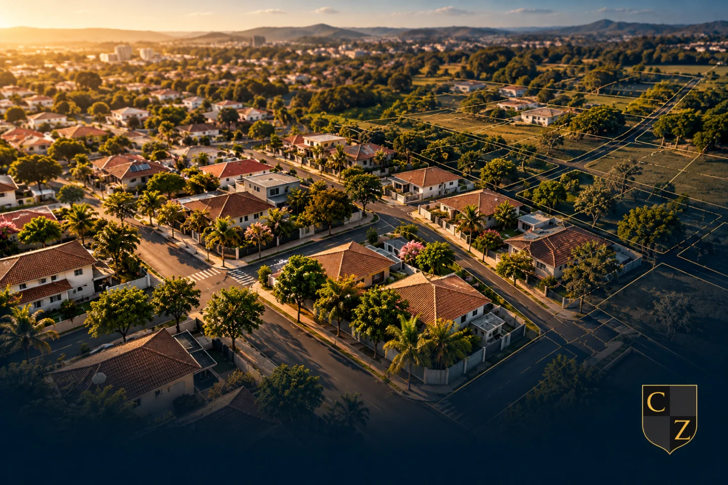 Vista aérea ilustrativa de bairro urbano com marca CZ