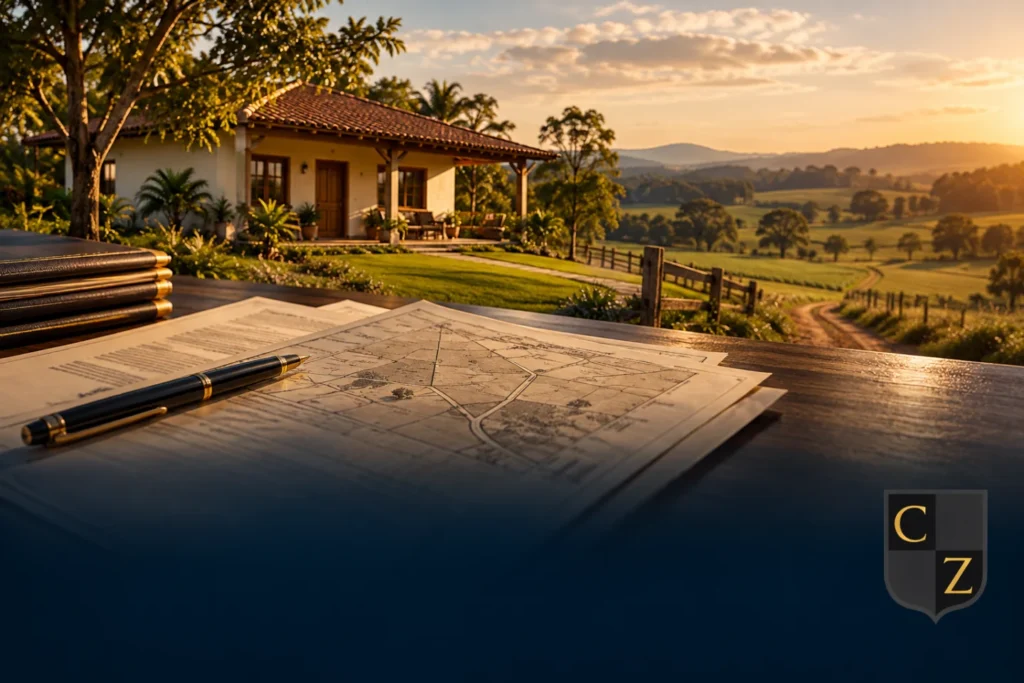 Casa e paisagem rural com documentos imobiliários e marca CZ