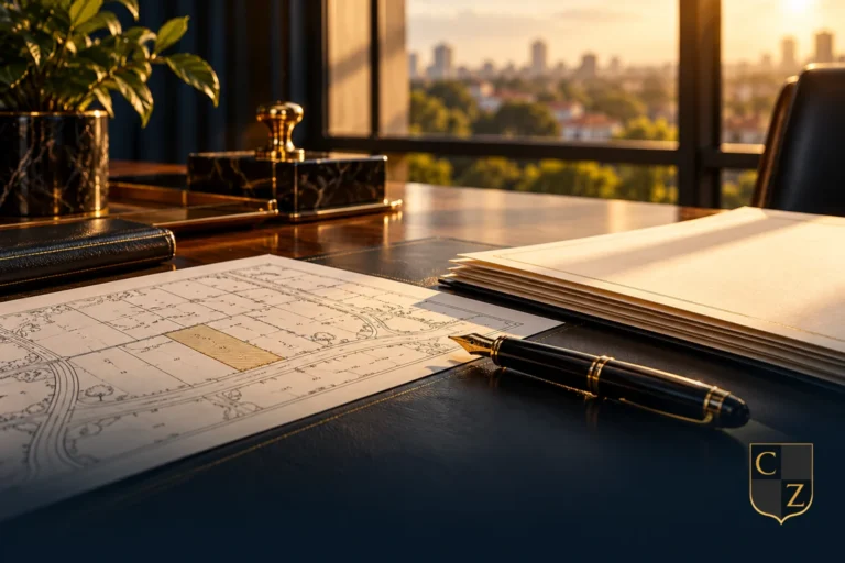 Documentos e planta de imóvel sobre mesa de cartório com marca CZ